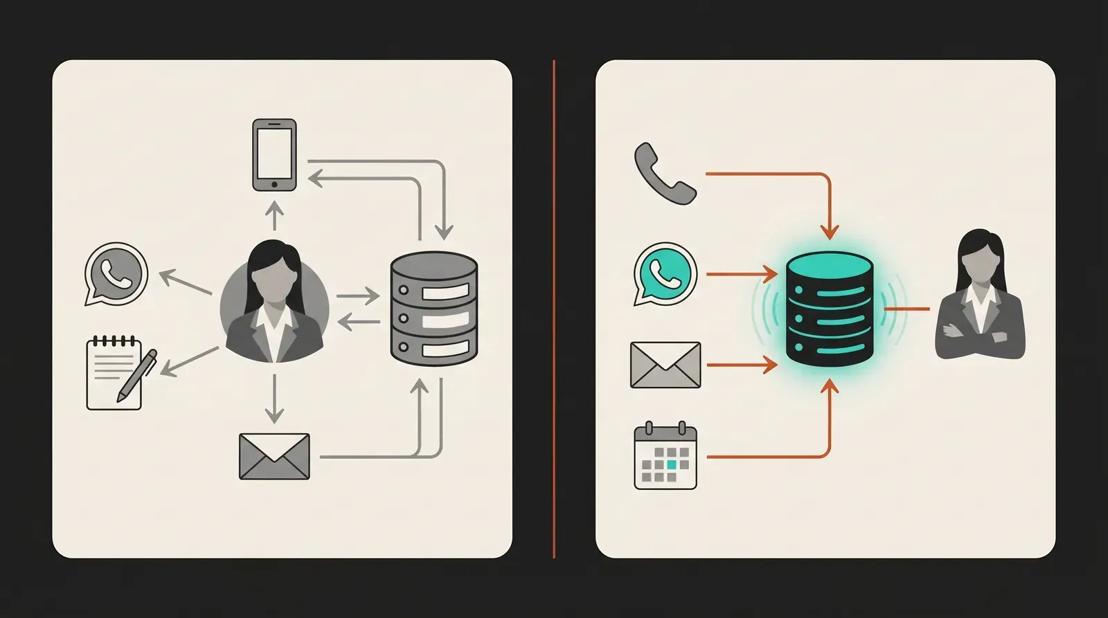 Split-screen diagram contrasting AI-powered CRM with manual entry fields and AI-native CRM with automatic capture indicators