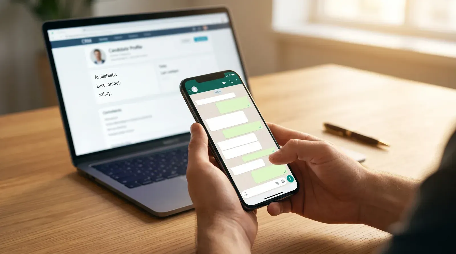 A recruiter holding a phone showing a WhatsApp conversation with a candidate, laptop in background showing empty CRM fields — representing recruitment data loss from off-platform conversations