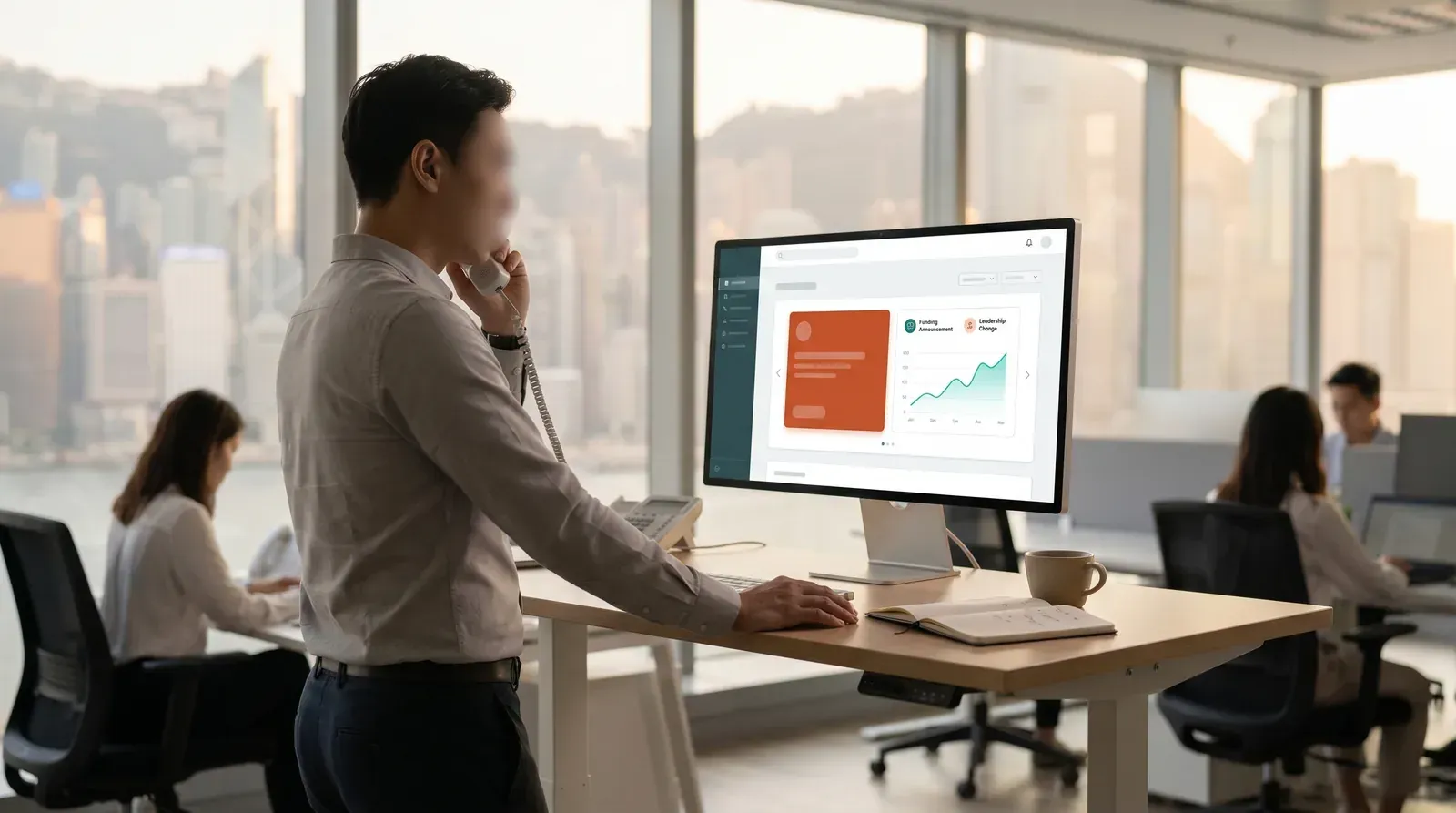 A recruiter on a phone call at a desk with a laptop showing a client dashboard with hiring intent signals highlighted — representing proactive recruitment BD before jobs go live