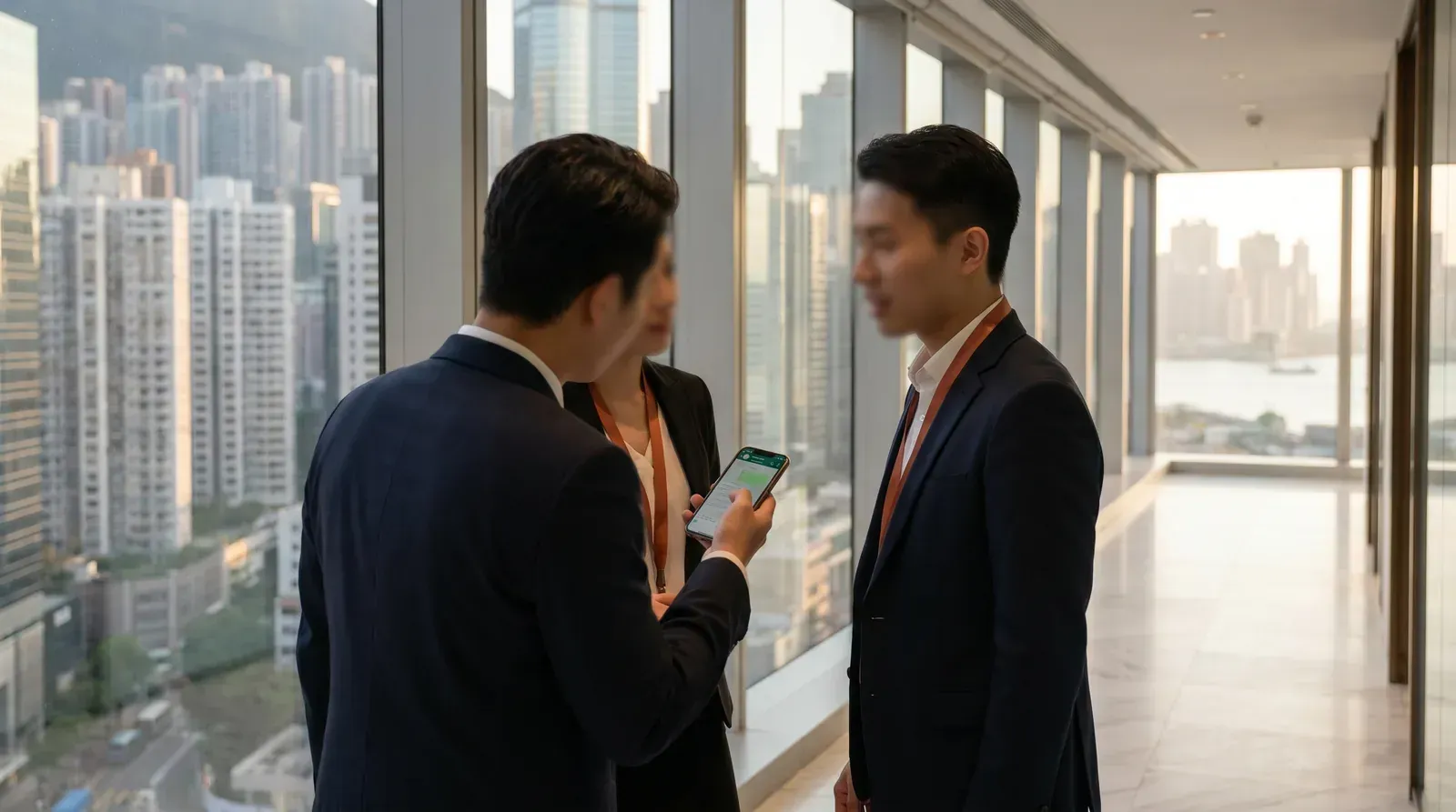 A Hong Kong recruiter at a desk with Victoria Harbour visible through the window, phone in hand showing a WhatsApp conversation with a finance sector client — representing WhatsApp recruitment BD in Hong Kong