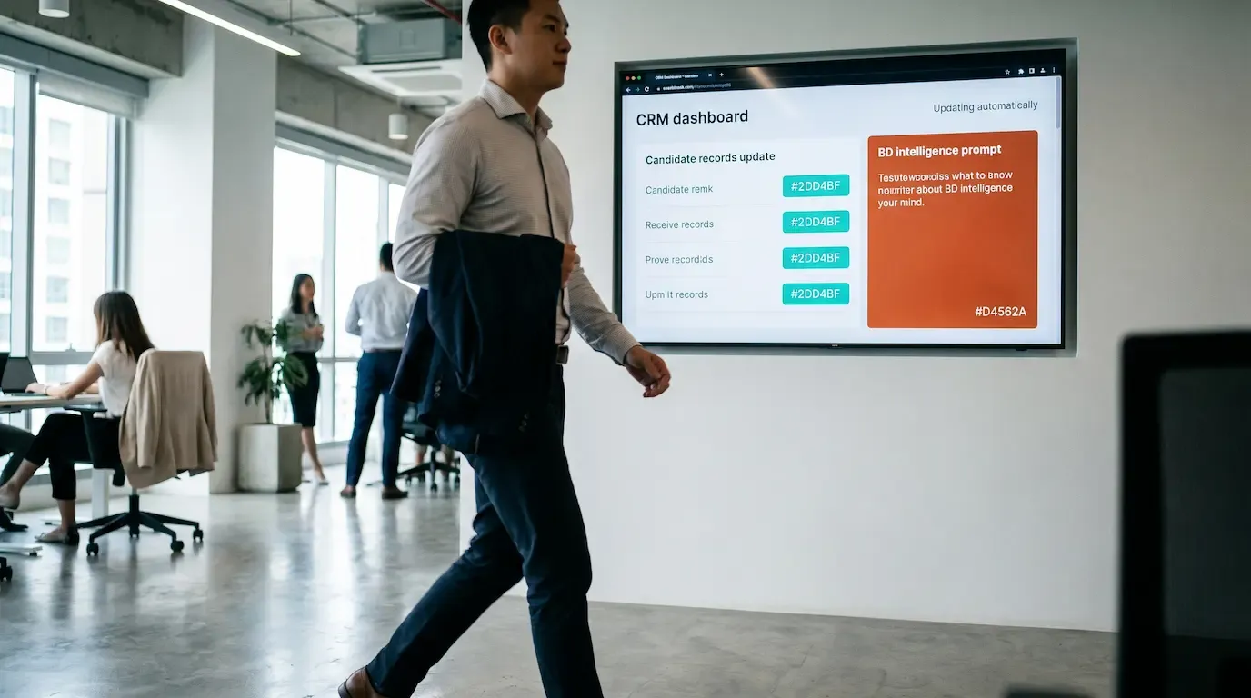 A recruiter walking between meetings in a busy office corridor, phone in pocket, completely hands-free — while behind them a screen shows a CRM updating candidate records automatically