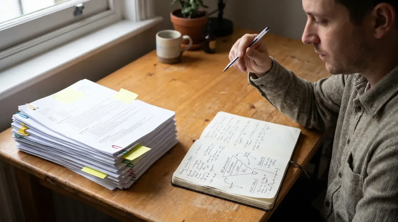 A recruitment agency owner sitting alone at a cafe table with two open notebooks side by side — one labelled with candidate pipeline notes, one with client relationship notes — deciding which system matters more