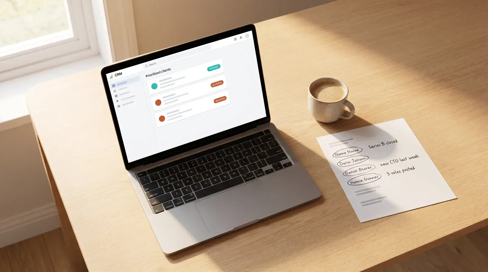 A recruiter at a whiteboard mapping client company signals — funding rounds, leadership changes, job ad clusters — representing a proactive BD signals strategy for recruitment agencies