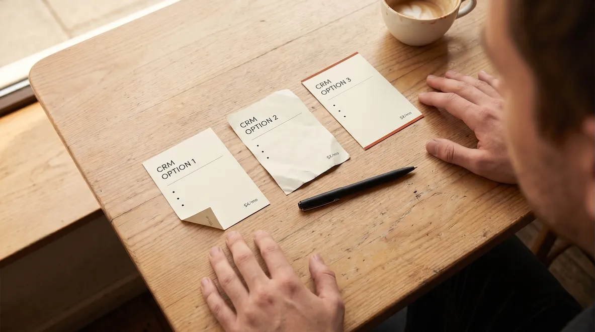 A recruiter sitting at a cafe table with three printed one-page product summaries laid out in front of them — representing the CRM evaluation decision between Ezekia, Thrive TRM, and Signals