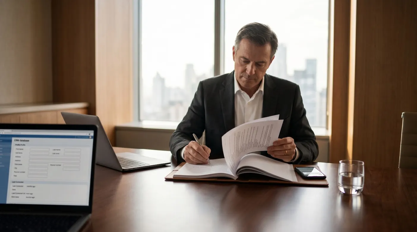 An executive search consultant reviewing handwritten notes and a candidate dossier at a meeting table — representing the relationship depth that most recruitment CRMs cannot capture