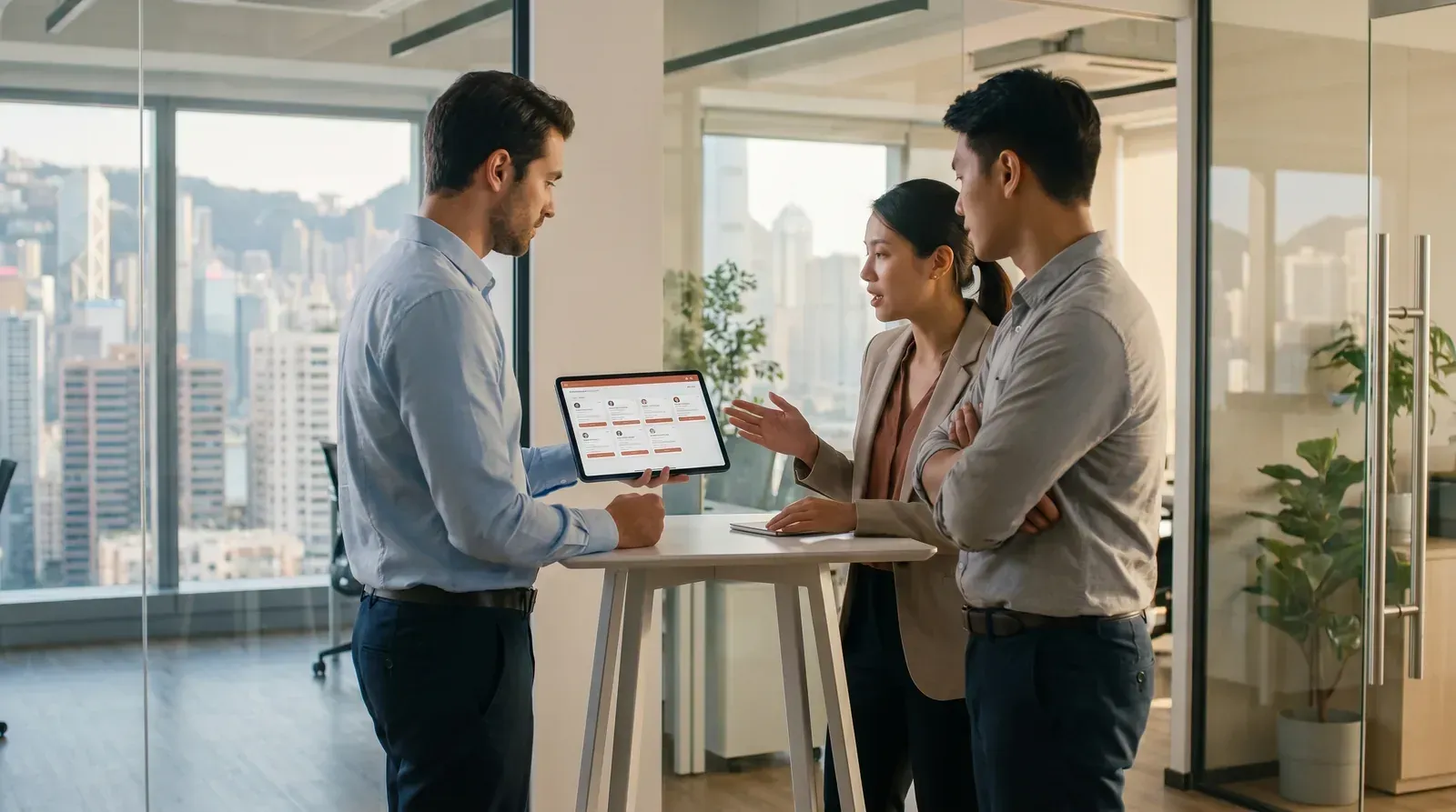 A recruitment agency team meeting in a Singapore or Hong Kong office — diverse group around a table reviewing a CRM evaluation checklist, representing the APAC recruitment CRM decision