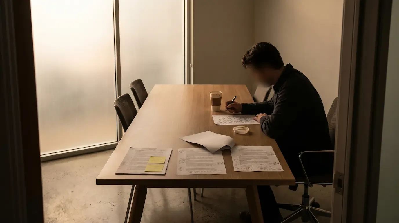 An executive search consultant reviewing three CRM evaluation documents spread across a meeting table — representing the Loxo vs Ezekia vs Signals decision for executive search in 2026