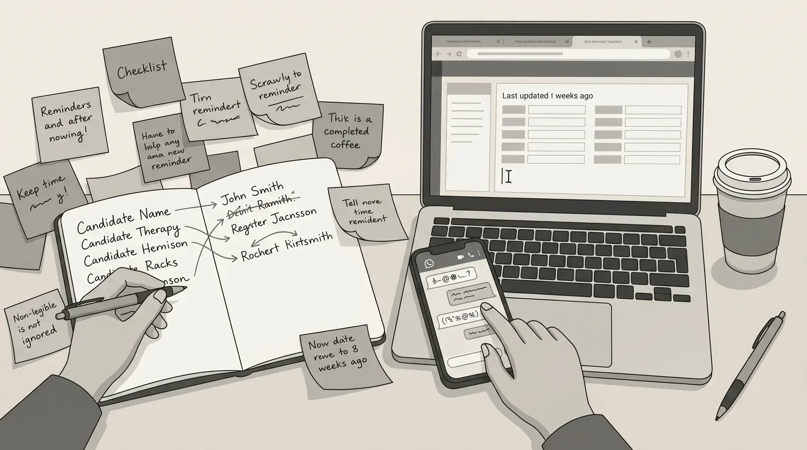 A recruiter surrounded by sticky notes, notebooks, and a phone — representing the manual admin burden in agency recruitment