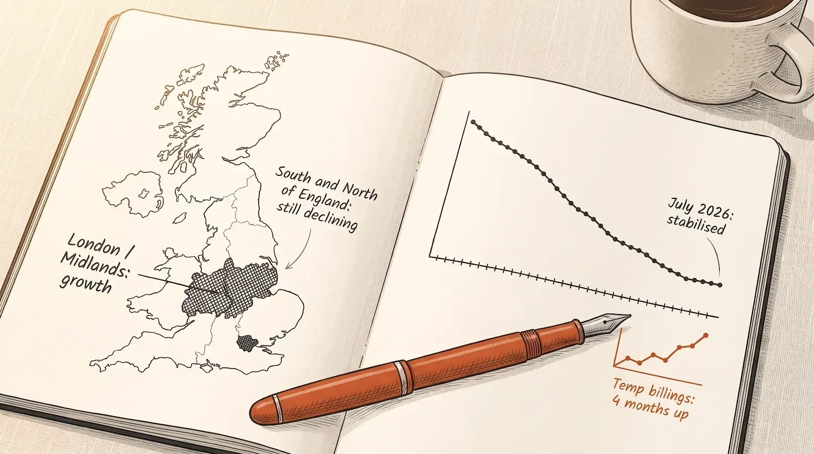Editorial illustration on a cream notebook page: a hand-drawn UK outline in dark charcoal ink showing London and the Midlands in one shading and the South and North of England in a lighter shading, with a small hand-drawn line chart showing a 45-month permanent-placement decline flattening in July 2026 and temporary billings rising for four consecutive months. One ember-orange fountain pen rests horizontally beside the chart to signal the turning point