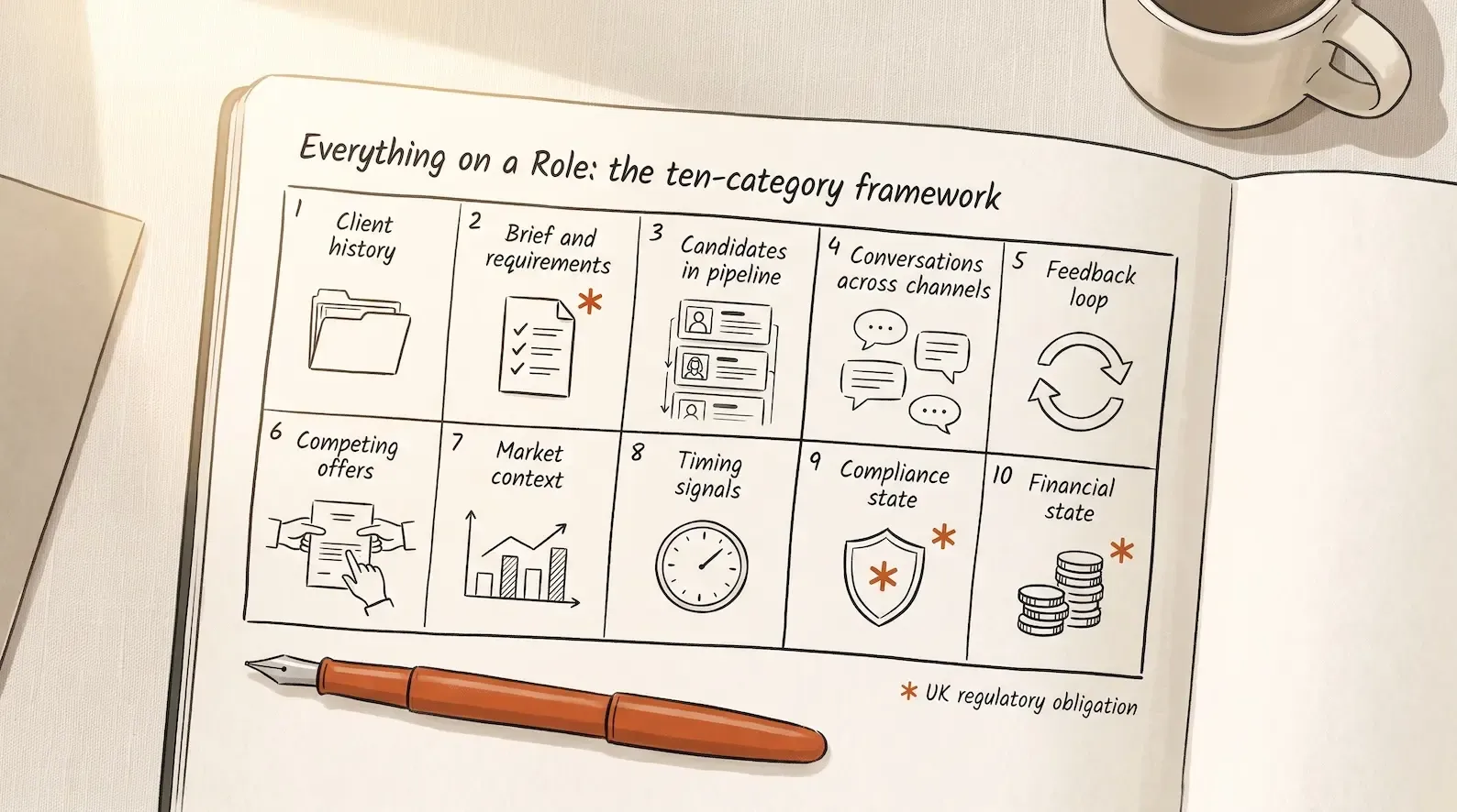 Editorial illustration: overhead flat-lay of a cream notebook page under warm natural light. A hand-drawn 2 by 5 grid in dark charcoal ink, each cell labelled with one of the Ten Categories of Everything on a Role. Row 1: 1. Client history, 2. Brief and requirements, 3. Candidates in pipeline, 4. Conversations across channels, 5. Feedback loop. Row 2: 6. Competing offers, 7. Market context, 8. Timing signals, 9. Compliance state, 10. Financial state. Cells 2, 9, and 10 are marked with a small ember-orange asterisk indicating "UK regulatory obligation". A central label above the grid reads "Everything on a Role: the ten-category framework". A single ember-orange fountain pen rests horizontally beneath the grid. Illustration of the Signals-coined ten-category framework for what a recruitment CRM owes a consultant running a mandate in 2026