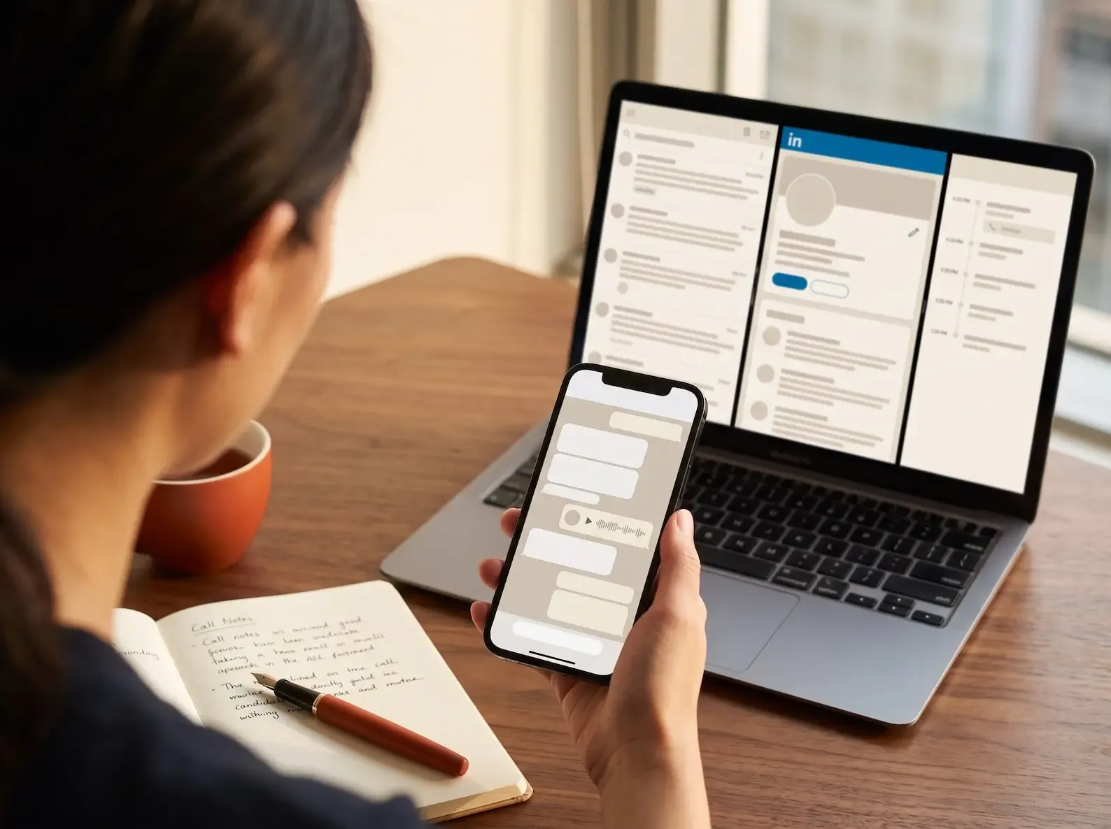 The Six Channel Classes Perfect Memory captures — WhatsApp threads, WeChat threads, email exchanges, phone-call transcripts, voice notes, and LinkedIn signals — attaching to one person record without manual logging