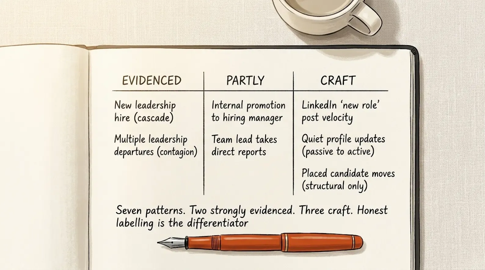 Editorial illustration on a cream notebook page: a hand-drawn two-column table in dark charcoal ink evaluating the seven people-change patterns. Left column header "Evidenced" lists two entries "New leadership hire (cascade)" and "Multiple leadership departures (contagion)". Right column header "Craft" lists three entries "LinkedIn 'new role' post velocity", "Quiet profile updates", "Team-lead rebuilds (generalised)". A middle band labelled "Moderate" lists two entries "Internal promotion to hiring manager" and "Team lead takes direct reports (specific sectors)". Below the table, a single ember-orange handwritten note reads "Seven patterns. Two strongly evidenced. Three craft. Honest labelling is the differentiator". A single ember-orange fountain pen rests horizontally beneath the note. Illustration of the seven people-change-signal patterns evaluated by evidence strength for the recruitment BD tactical playbook 2026