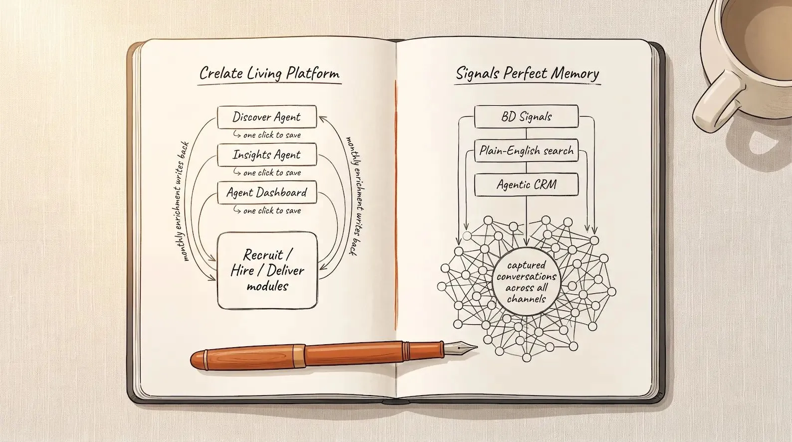 Editorial illustration on a cream notebook page: a hand-drawn diagram in dark charcoal ink showing two side-by-side agentic architecture sketches. LEFT diagram labelled "Crelate Living Platform" showing a central node labelled "Recruit / Hire / Deliver modules" with agent surfaces above (Discover Agent, Insights Agent, Agent Dashboard) each labelled with "one click to save" annotations, and monthly enrichment arrows writing back to the modules. RIGHT diagram labelled "Signals Perfect Memory" showing a central relationship-graph node labelled "captured conversations across all channels" with agent surfaces above (BD Signals, plain-English search, Agentic CRM) reading directly from the graph substrate. Between the two diagrams, a thin vertical ember-orange line divides the pages. A single ember-orange fountain pen rests horizontally beneath the diagrams. Illustration of the architectural difference between Crelate's Living Platform wrapping modules with agentic AI and Signals' AI-native architecture built ground-up on cross-channel Perfect Memory