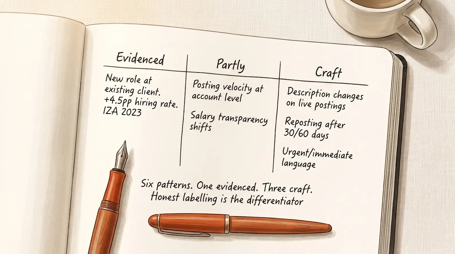 Editorial illustration on a cream notebook page: a hand-drawn two-column table in dark charcoal ink comparing the six job-ad patterns. Column 1 header: "Evidenced". Column 2 header: "Craft". Under Column 1: one entry "New role at existing client (+4.5pp hiring rate)". Under Column 2: three entries "Description changes on live postings", "Reposting after 30/60 days", "Urgent/immediate language". Between the columns, a middle band labelled "Partly" contains two entries: "Posting velocity at account level" and "Salary transparency shifts". Below the table, a handwritten note in charcoal reads: "Six patterns. One evidenced. Three craft. Honest labelling is the differentiator". A single ember-orange fountain pen rests horizontally beneath the note. Illustration of the six job-ad-signal patterns evaluated by evidence strength for the recruitment BD tactical playbook 2026