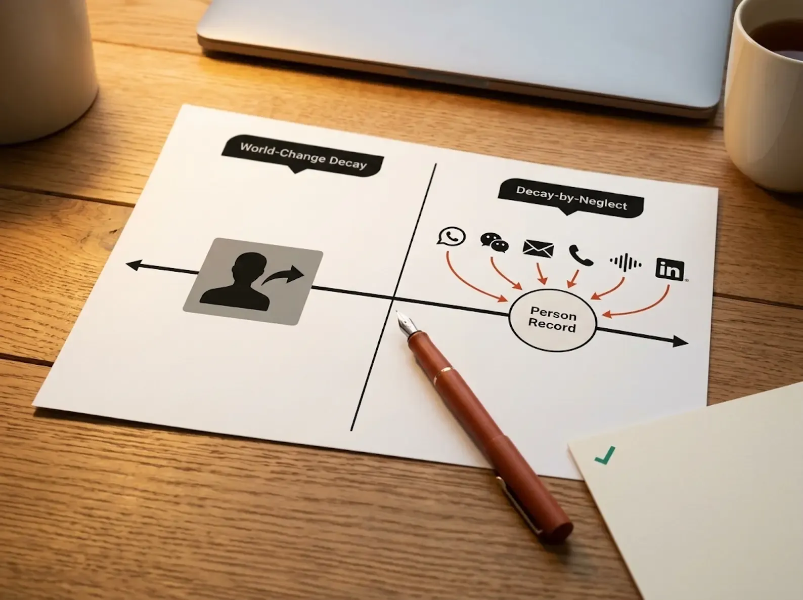 The two kinds of recruitment CRM data decay — world-change (inevitable) versus Decay-by-Neglect (preventable by architecture) — and how Perfect Memory's Six Channel Classes capture at source to prevent the fixable half