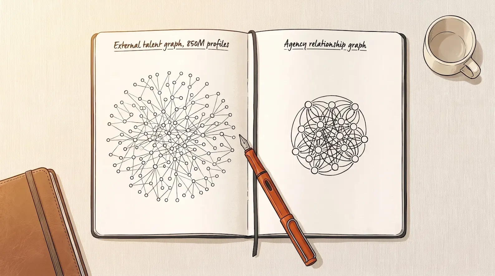 Editorial illustration: two hand-drawn diagrams on a cream notebook page. On the left, a wide external network of profile nodes labelled "external talent graph, 850M profiles" shown as a sprawling mesh. On the right, a denser but smaller network labelled "agency relationship graph" showing candidate, client, conversation, and job nodes tightly interconnected. A single ember-orange fountain pen rests between the two diagrams, illustrating the architectural distinction between Loxo's external-graph AI and Signals' internal-graph AI