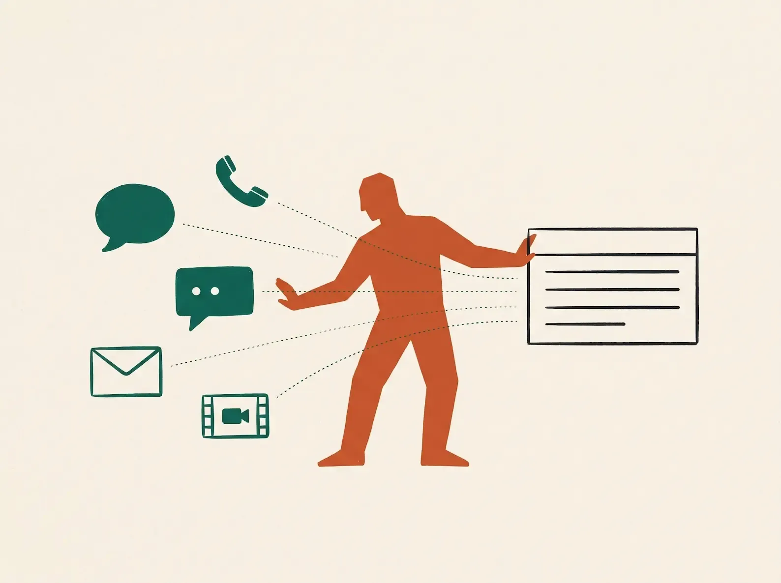 Editorial illustration showing a human silhouette in terracotta caught between scattered conversation channel icons on the left and a database rectangle on the right, with dotted lines tracing information flow through the figure