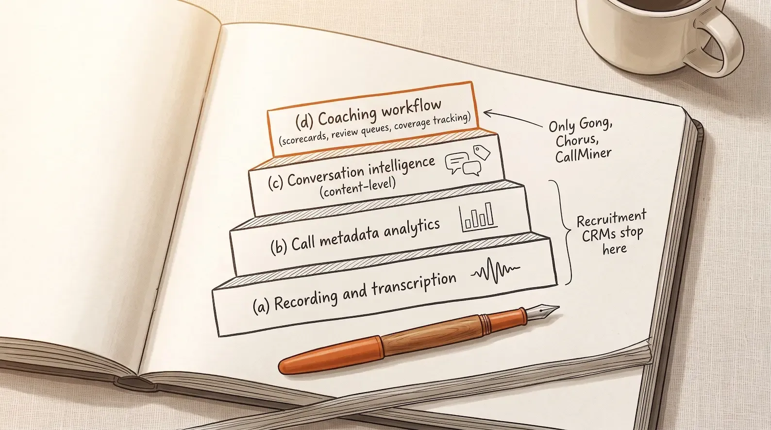 Editorial illustration on a cream notebook page: a hand-drawn four-layer diagram in dark charcoal ink showing the four documented layers of team call coaching. Bottom layer labelled "(a) Recording and transcription" shown as an audio waveform icon. Second layer labelled "(b) Call metadata analytics" shown as a small bar chart. Third layer labelled "(c) Conversation intelligence (content-level)" shown as speech bubbles with tags. Top layer labelled "(d) Coaching workflow (scorecards, review queues, coverage tracking)" drawn in ember-orange to mark it as the destination layer. Vertical annotations on the right side note "Recruitment CRMs stop here" pointing at layer (a) and (c), and "Only Gong, Chorus, CallMiner" pointing at layer (d). A single ember-orange fountain pen rests horizontally beneath the diagram. Illustration of the four-layer distinction for team call coaching in recruitment 2026
