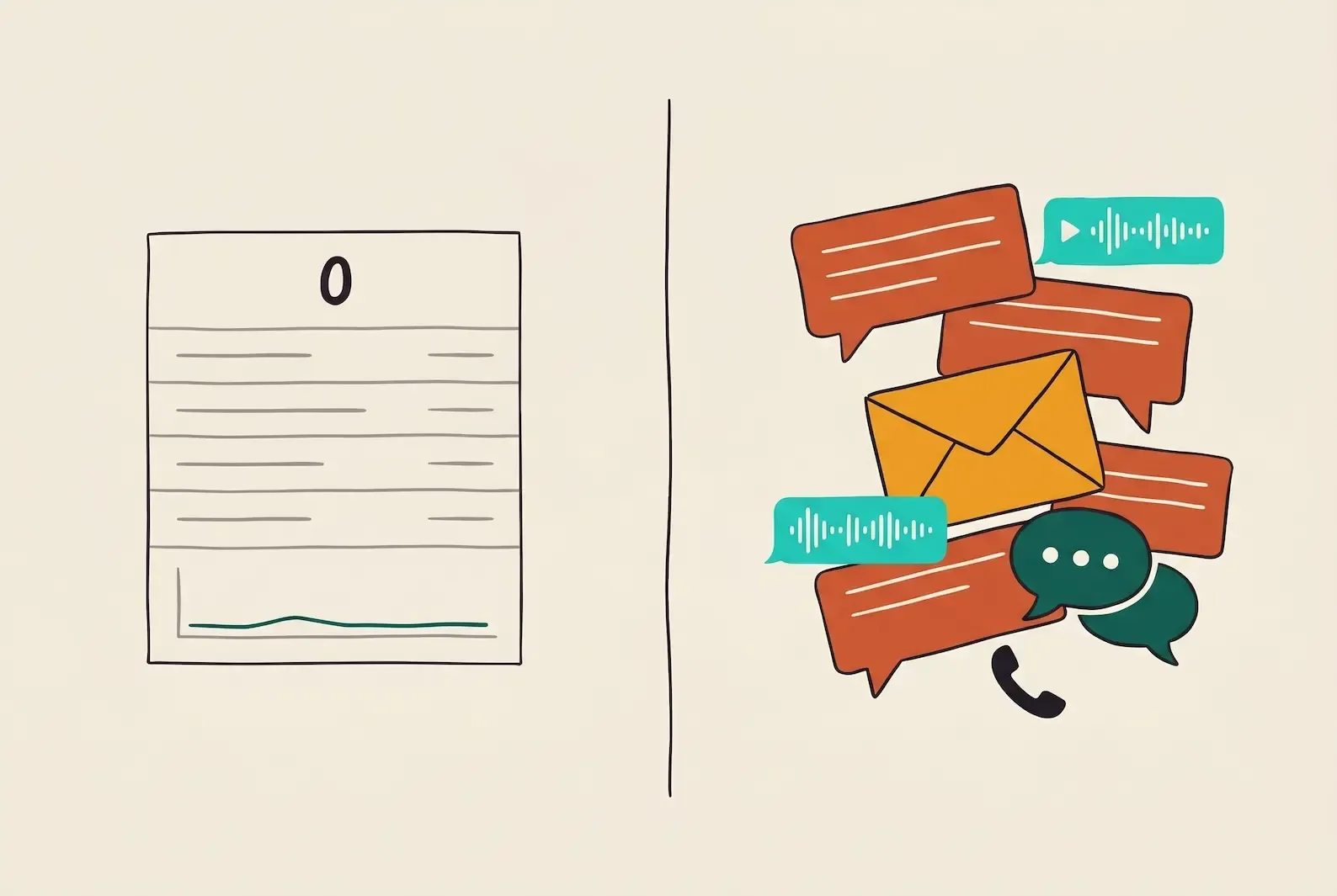 A split visual of an executive search CRM dashboard reporting near-empty activity on the left, against a busy multi-channel conversation feed — WhatsApp, WeChat, email, voice notes — on the right, illustrating the blind activity gap