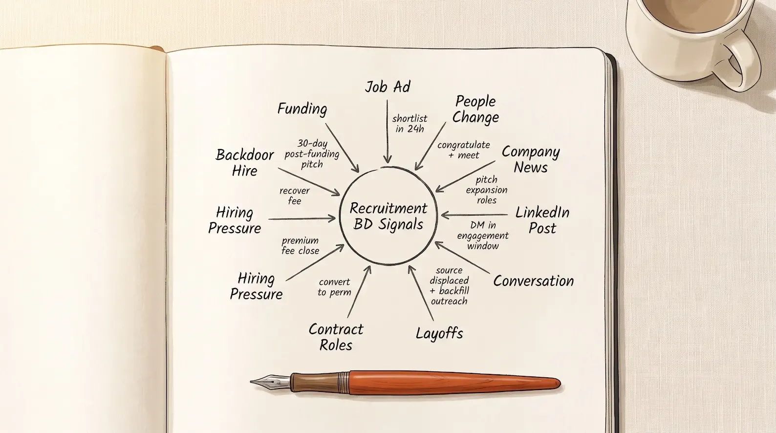 Editorial illustration on a cream notebook page: a hand-drawn radial diagram in dark charcoal ink showing the 10 BD signal categories arranged around a central node labelled "Recruitment BD Signals". The 10 category names (Job Ad, People Change, Company News, LinkedIn Post, Conversation, Layoffs, Contract Roles, Hiring Pressure, Backdoor Hire, Funding) sit around the perimeter. From each category, a thin arrow points inward to the central node with a small annotation showing the revenue action pattern for that category (e.g., "shortlist in 24h", "congratulate + meet", "pitch expansion roles", "recover fee", "post-funding pitch"). A single ember-orange fountain pen rests horizontally beneath the diagram. Illustration of the Signals-coined revenue-first framework of 10 BD signal categories for recruitment agencies in 2026