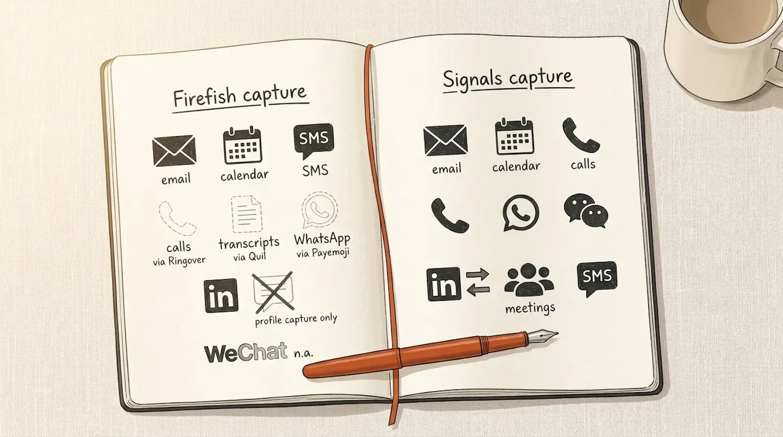 Editorial illustration: overhead flat-lay of a cream notebook page under warm natural light. Two hand-drawn capture diagrams side by side in dark charcoal ink. LEFT diagram labelled "Firefish capture" shows email, calendar, and SMS drawn as crisp native icons; calls, transcripts, and WhatsApp drawn as fainter outlines with small annotations reading "via Ringover", "via Quil", "via Payemoji"; LinkedIn shown with "profile capture only" note and messages crossed out; WeChat absent with a small "n.a." annotation. RIGHT diagram labelled "Signals capture" shows email, calendar, calls, WhatsApp, WeChat, LinkedIn with both inbound and outbound arrows, meetings, and SMS all drawn crisply as first-class native channels of equal weight. Between the two diagrams, a thin vertical ember-orange line divides the pages. A single ember-orange fountain pen rests horizontally beneath the notebook. Illustration of the documented capture architecture difference between Firefish and Signals as of October 2026