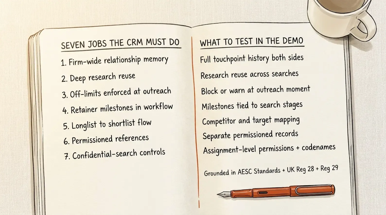 Editorial illustration: overhead flat-lay of a cream notebook page under warm natural light. A hand-drawn two-column layout in dark charcoal ink. Left column header reads "Seven jobs the CRM must do" with seven handwritten entries listed vertically: "1. Firm-wide relationship memory, 2. Deep research reuse, 3. Off-limits enforced at outreach, 4. Retainer milestones in workflow, 5. Longlist-to-shortlist flow, 6. Permissioned references, 7. Confidential-search controls". Right column header reads "What to test in the demo" with seven short handwritten test criteria aligned to each row. Between the columns, a thin vertical ember-orange line divides the layout. At the bottom, a handwritten note reads "Grounded in AESC Standards + UK Reg 28 + Reg 29". A single ember-orange fountain pen rests horizontally beneath the layout. Illustration of the seven-job framework for evaluating a recruitment CRM for executive search in 2026
