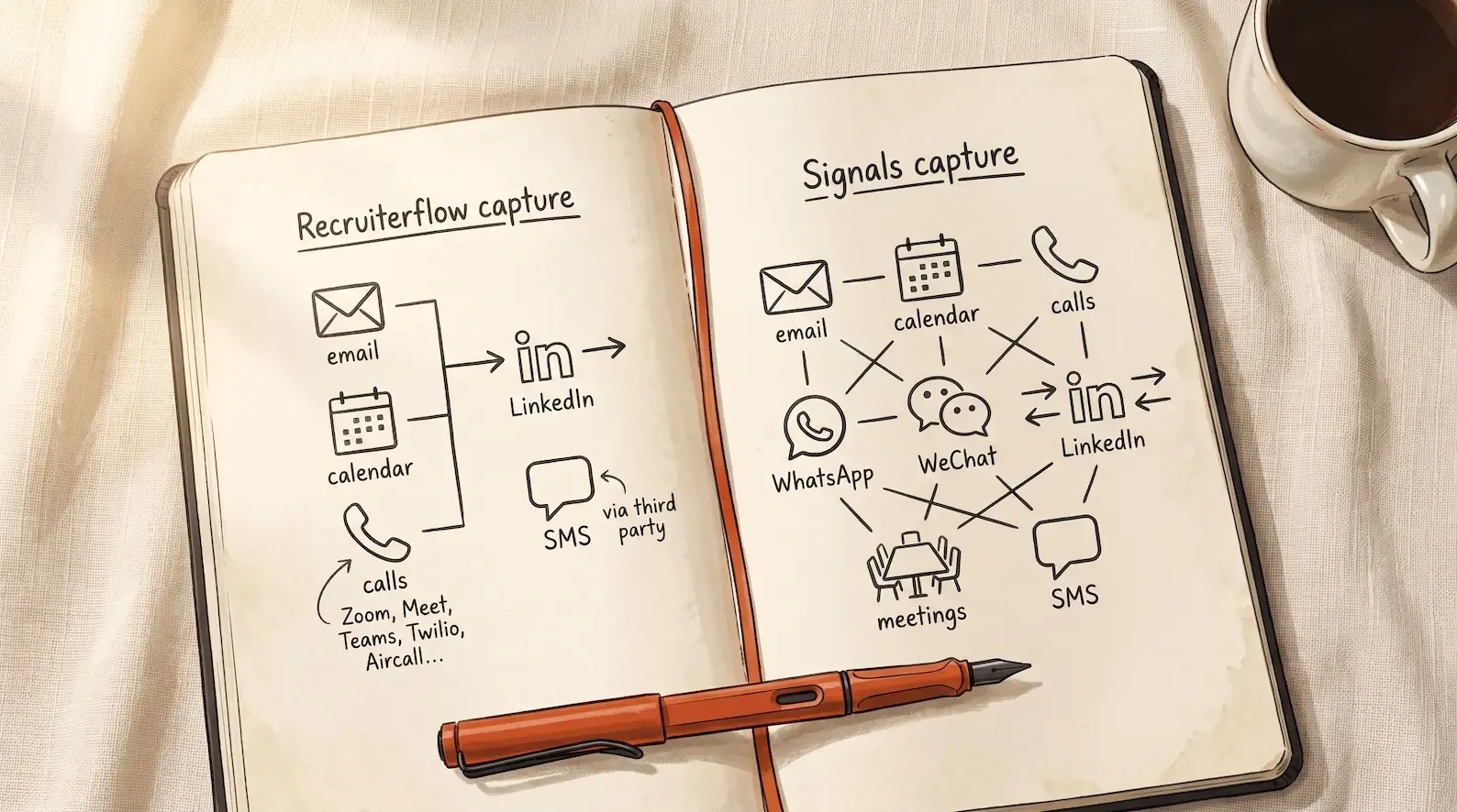 Editorial illustration: overhead flat-lay of a cream notebook page showing two hand-drawn diagrams side by side, each labelled at the top. LEFT diagram labelled "Recruiterflow capture" showing icons for email, calendar, calls (with a small provider list beneath), LinkedIn outbound arrow only, and SMS via third party. RIGHT diagram labelled "Signals capture" showing icons for email, calendar, calls, WhatsApp, WeChat, LinkedIn inbound and outbound arrows, and SMS, all as first-class native channels. Between the two diagrams a thin ember-orange vertical line divides the pages. A single ember-orange fountain pen rests horizontally across the bottom of the notebook. Illustration of the capture breadth difference between two AI-native recruitment CRMs holding the same architectural thesis but shipping different channel coverage as of September 2026