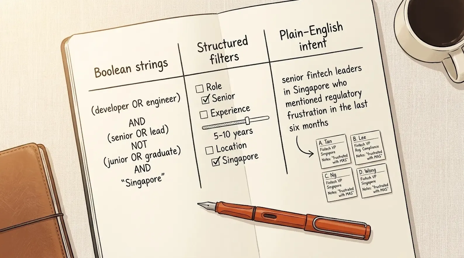 Editorial illustration: a hand-drawn three-column comparison on a cream notebook page showing the Three Search Modes framework. Column 1 labelled Boolean strings shows a small diagram of AND, OR, NOT operators; column 2 labelled Structured filters shows a small set of checked boxes and sliders; column 3 labelled Plain-English intent shows a natural-language question written out with a small arrow pointing to a set of matched candidate records. A single ember-orange fountain pen rests horizontally across the bottom of the page, illustrating the recruitment CRM search decision as a choice of mode rather than a linear progression