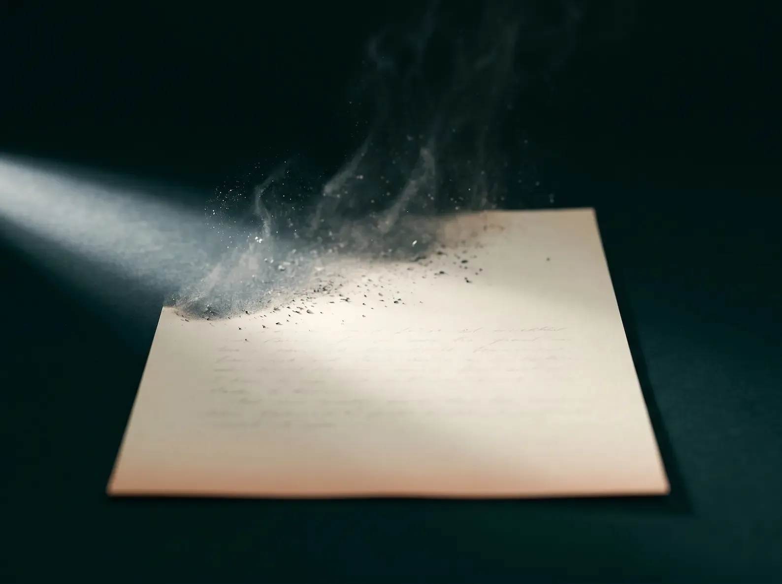 A single sheet of cream paper dissolving into ash-like particles against a dark background, caught mid-disappearance — the visual metaphor for memory loss the article describes