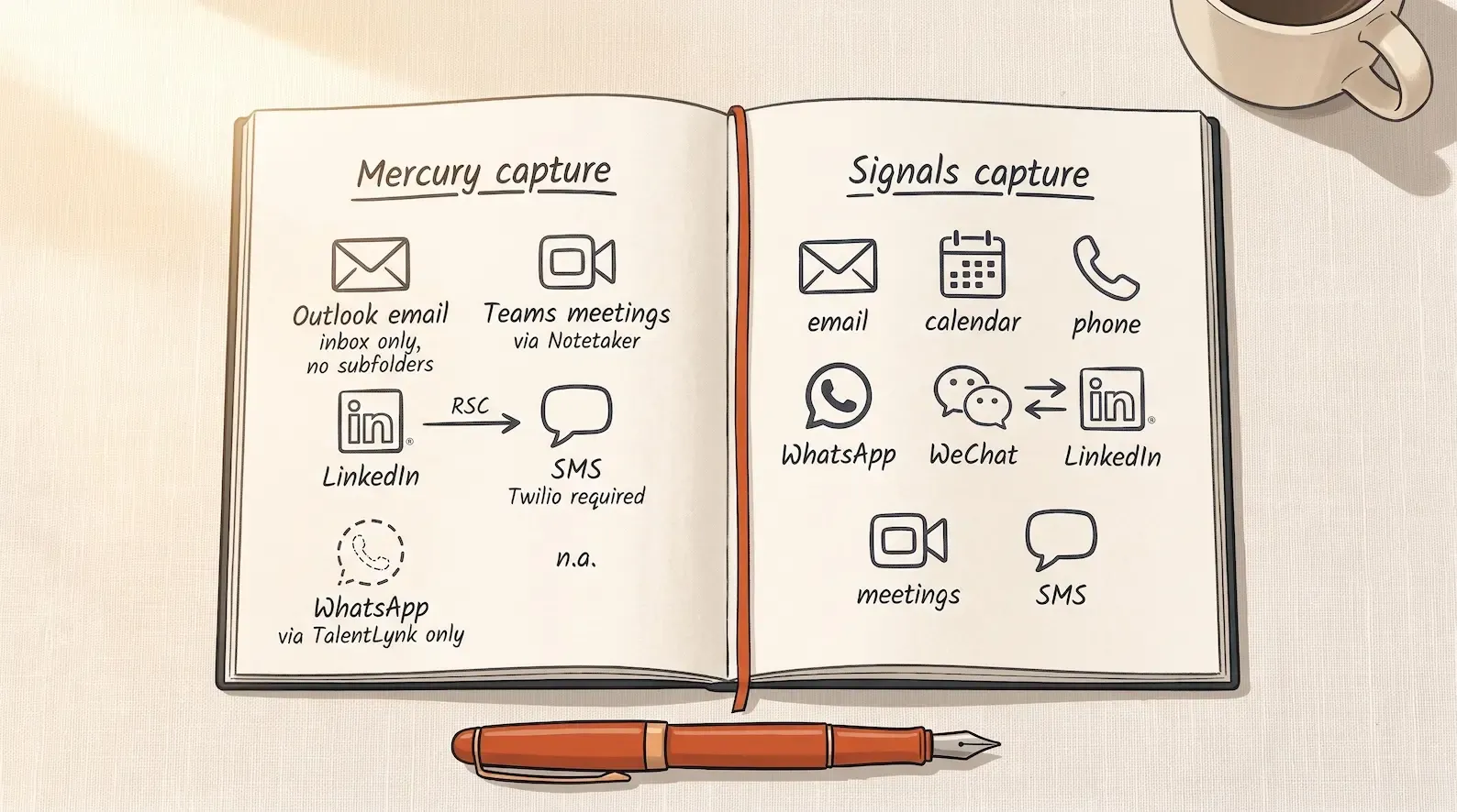 Editorial illustration: overhead flat-lay of a cream notebook page under warm natural light. Two hand-drawn diagrams side by side in dark charcoal ink, each labelled at the top in neat handwriting. LEFT diagram labelled "Mercury capture" shows icons for Outlook email (with a small note "inbox only, no subfolders"), Teams meetings, LinkedIn RSC, and SMS with a small note "Twilio required". WhatsApp shown as a faded outline with note "via TalentLynk only". WeChat absent. RIGHT diagram labelled "Signals capture" shows icons for email, calendar, calls, WhatsApp, WeChat, LinkedIn inbound and outbound arrows, meetings, and SMS, all drawn as first-class native channels of equal weight. A single ember-orange fountain pen rests horizontally across the bottom of the notebook, nib pointing at the right-hand diagram. Illustration of the documented cross-channel capture difference between Mercury and Signals as of September 2026