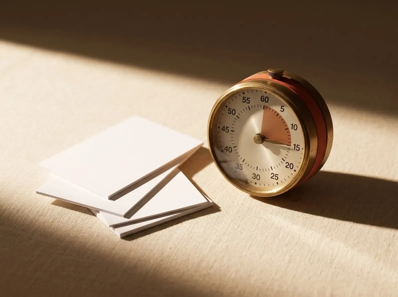 A brass desk timer mid-cycle beside three crisp white cards on parchment linen, lit by warm side-light