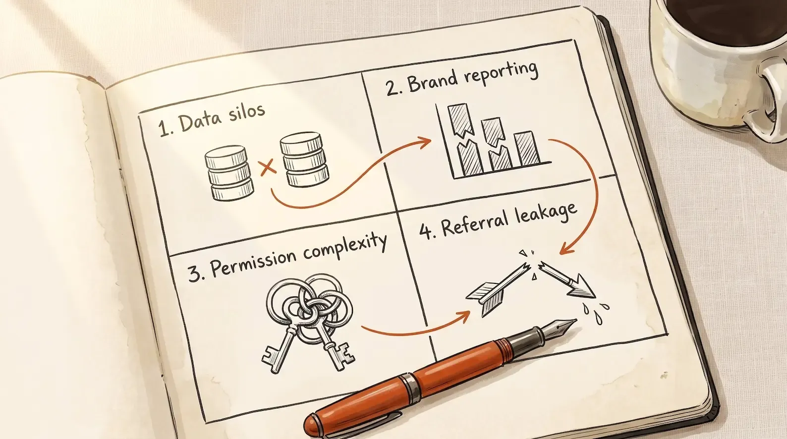 Editorial illustration on a cream notebook page: a hand-drawn 2 by 2 grid in dark charcoal ink, each cell labelled with one of the Four Consolidation Failures across the top row (Data silos, Brand reporting) and bottom row (Permission complexity, Referral leakage). Inside each cell, a small sketched icon: silos as two separated cylinders, brand reporting as a fractured bar chart, permission complexity as an interlocking key diagram, referral leakage as a broken arrow. Between the four cells, thin curved arrows in charcoal show the compounding pattern from 1 to 2 to 3 to 4. A single ember-orange fountain pen rests horizontally across the bottom of the page. Illustration of the Signals Four Consolidation Failures framework for multi-office recruitment CRM implementations