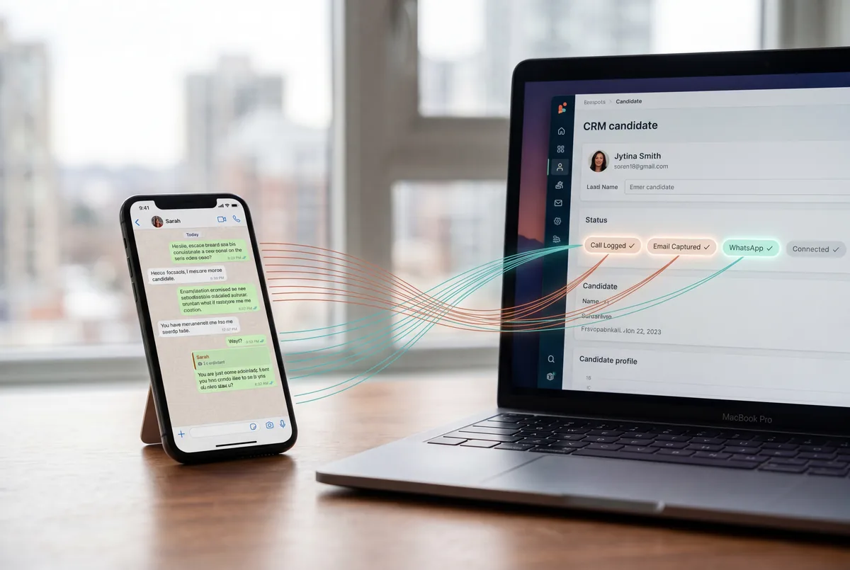 WhatsApp messages flowing automatically into candidate CRM profile on MacBook Pro