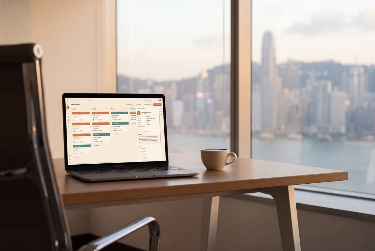 CRM pipeline on laptop with Hong Kong skyline, golden hour light