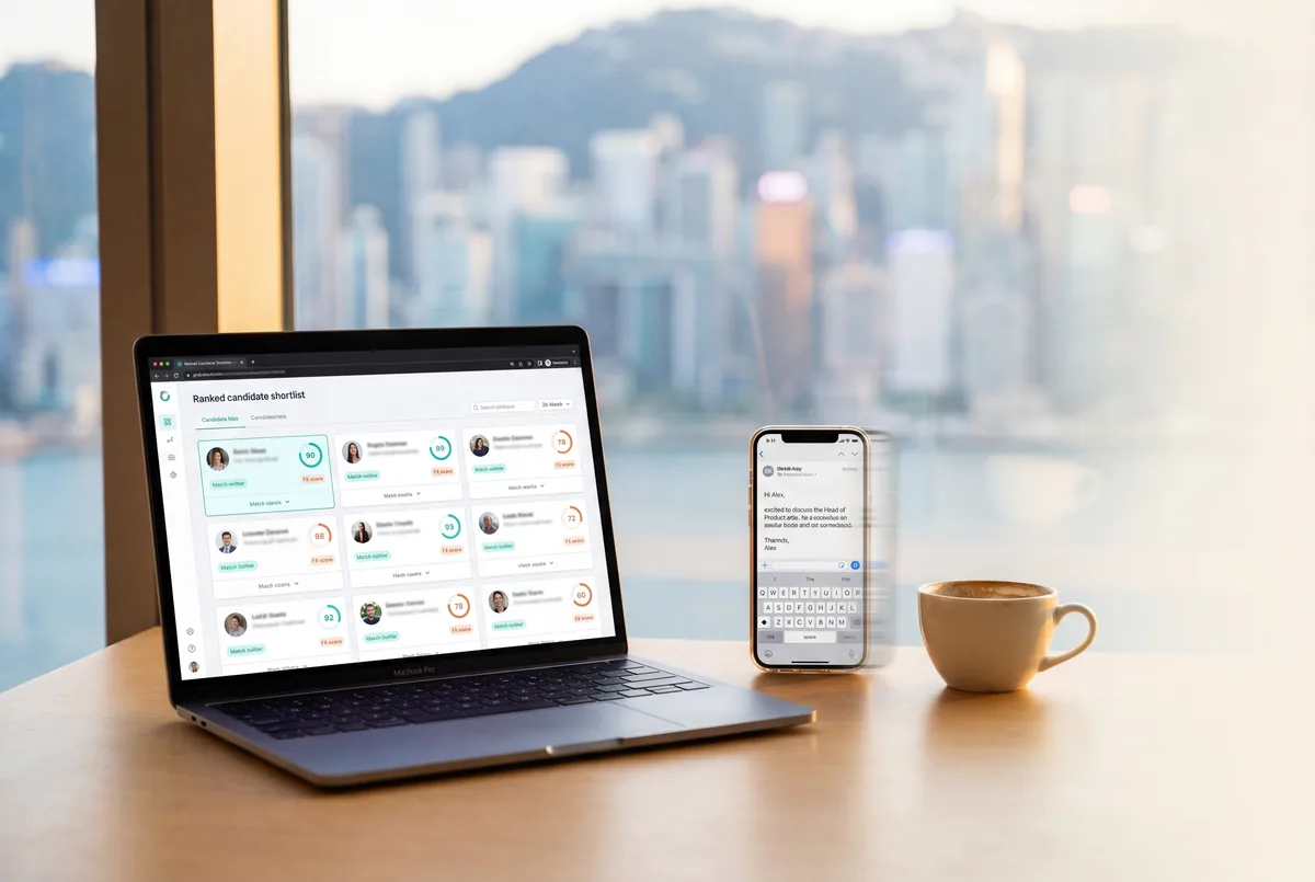Ranked candidate shortlist on laptop with outreach message on phone, Hong Kong skyline