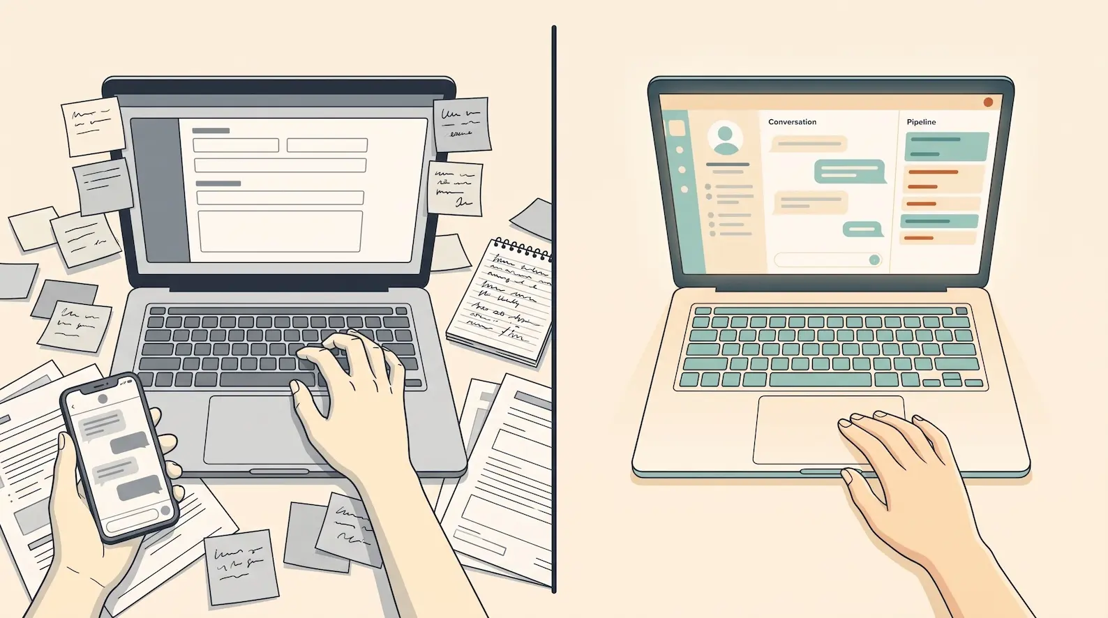 Two desks side by side: one buried in sticky notes, paperwork and a phone, the other showing a single CRM with the conversation and the pipeline in one view.