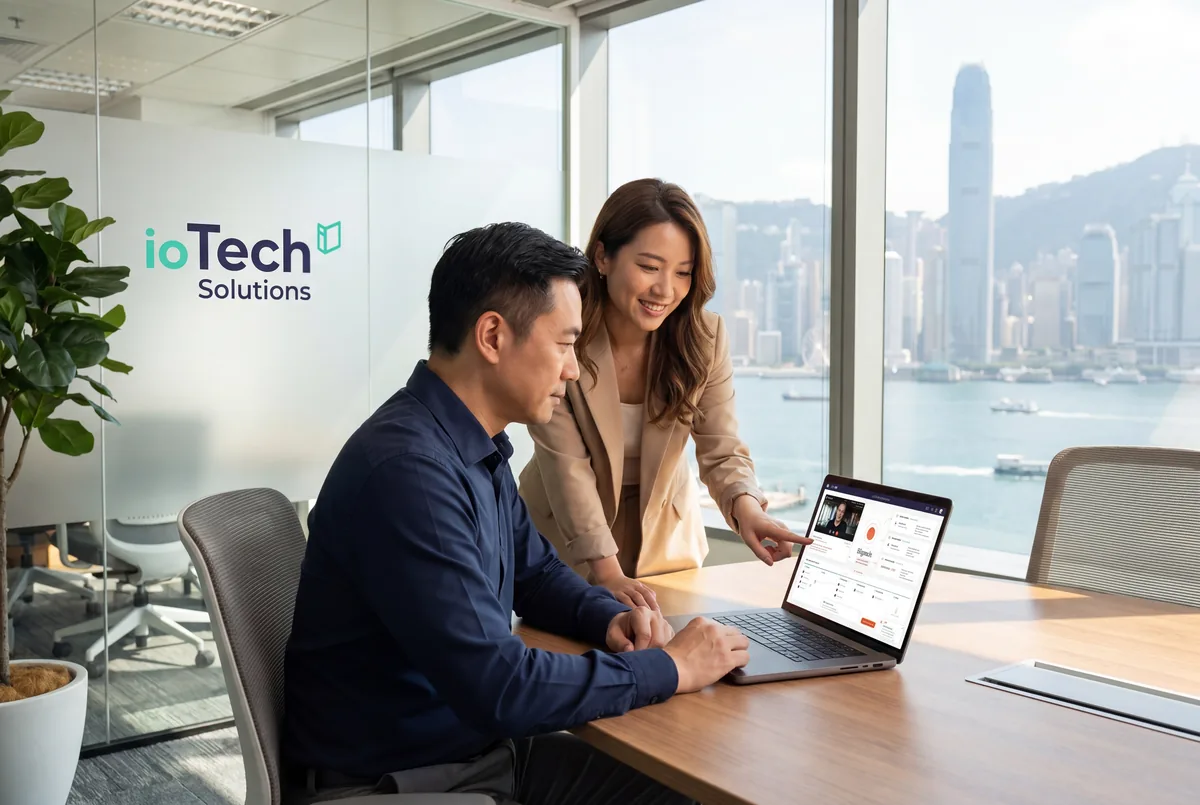Two recruitment professionals reviewing Signals on a laptop in a Hong Kong high-rise office